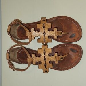 Tory Burch Phoebe Leather Flat Thong Sandal Royal Tan Brown
